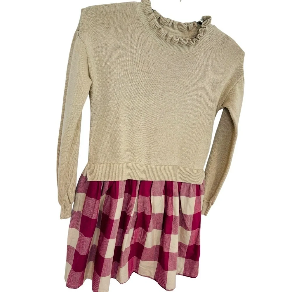 GAP KIDS 2-in-1 SWEATER DRESS, TAN & CRANBERRY PLAID, SIZE L